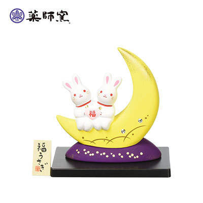 【日版】药师窑 福满成双月亮上的福兔手工陶瓷摆件礼品